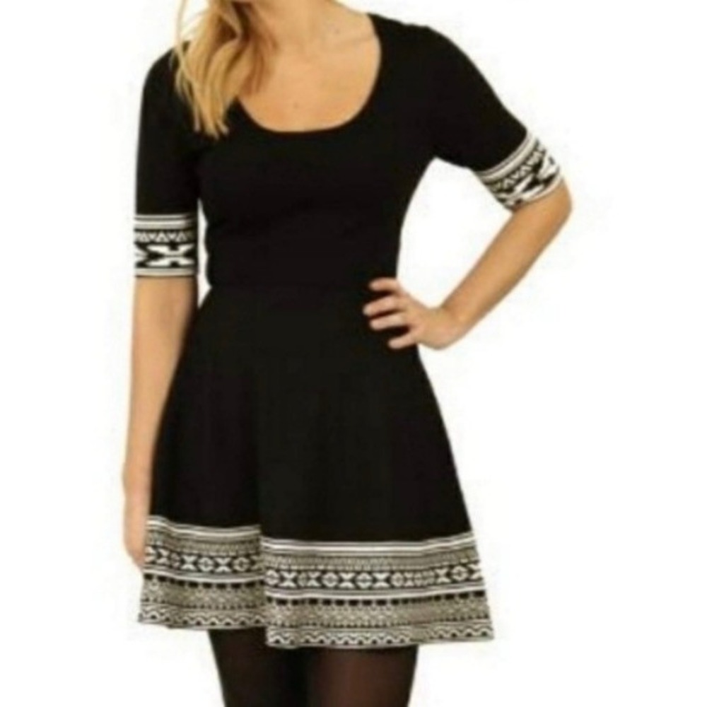 Nina Leonard Sweater Dress Womens 1X Black‎ Short Sleeve Geometric Boho